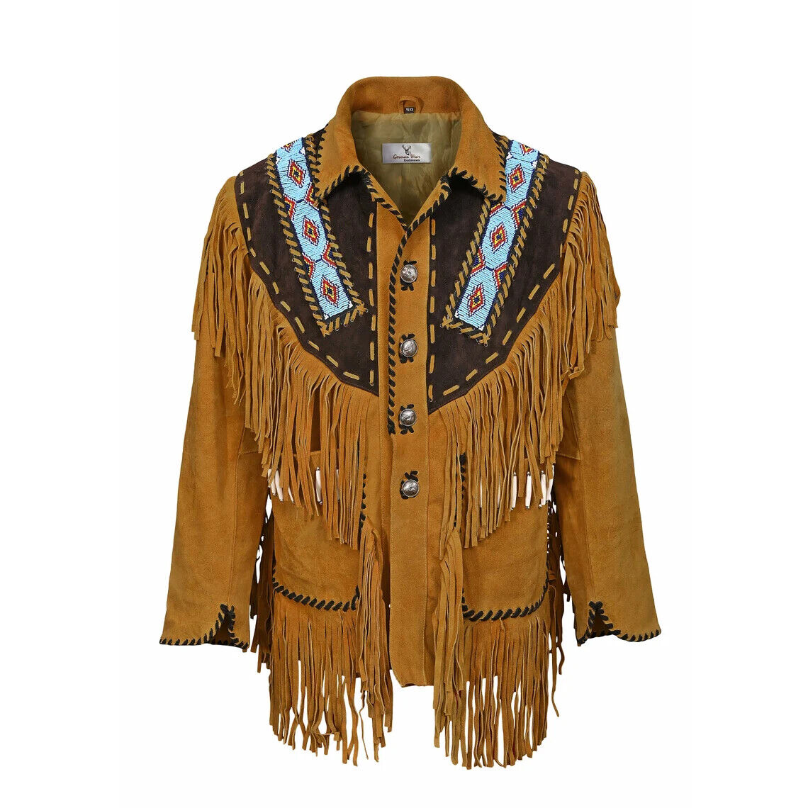 Men's Traditional Western Cowboy Leather Jacket coat with fringe bones and beads