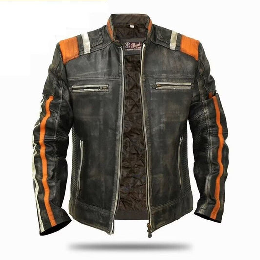 Men’s Retro 3 Cafe Racer Biker Vintage Motorcycle Distressed Real Leather Jacket