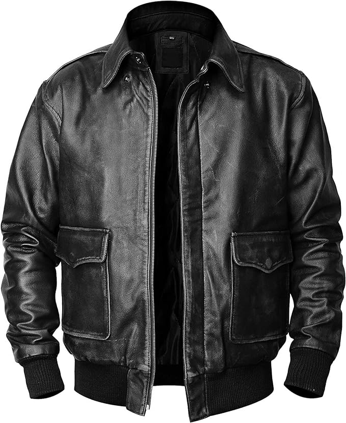 Men's New A-2 Flight Aviator Pilot Distress Black Bomber Genuine Leather Jacket