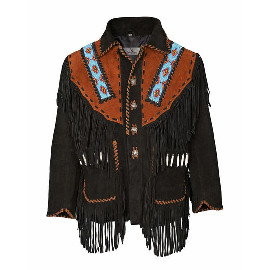 Men's Traditional Western Cowboy Leather Jacket coat with fringe bones and beads