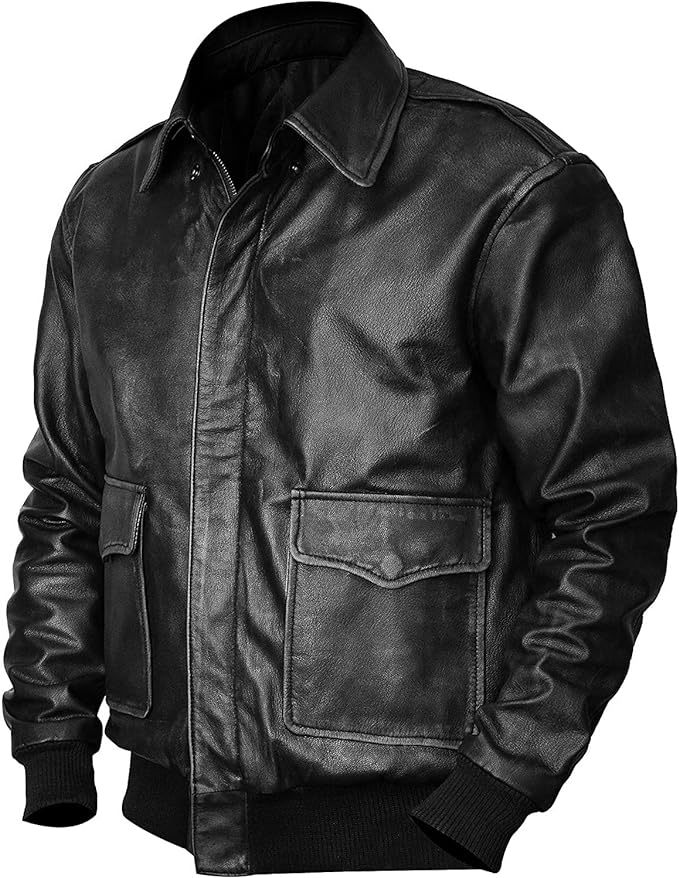 Men's New A-2 Flight Aviator Pilot Distress Black Bomber Genuine Leather Jacket