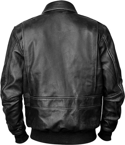 Men's New A-2 Flight Aviator Pilot Distress Black Bomber Genuine Leather Jacket