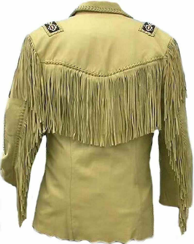 Men's Traditional Western Cowboy Leather Jacket coat with fringe bones and beads