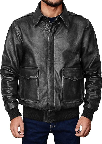 Men's New A-2 Flight Aviator Pilot Distress Black Bomber Genuine Leather Jacket