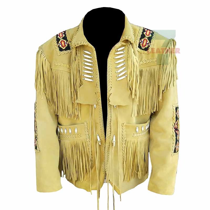 Men's Traditional Western Cowboy Leather Jacket coat with fringe bones and beads