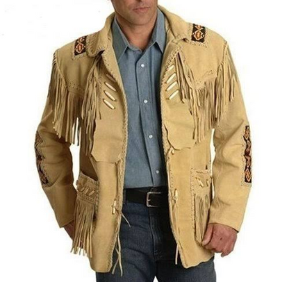 Men's Traditional Western Cowboy Leather Jacket coat with fringe bones and beads