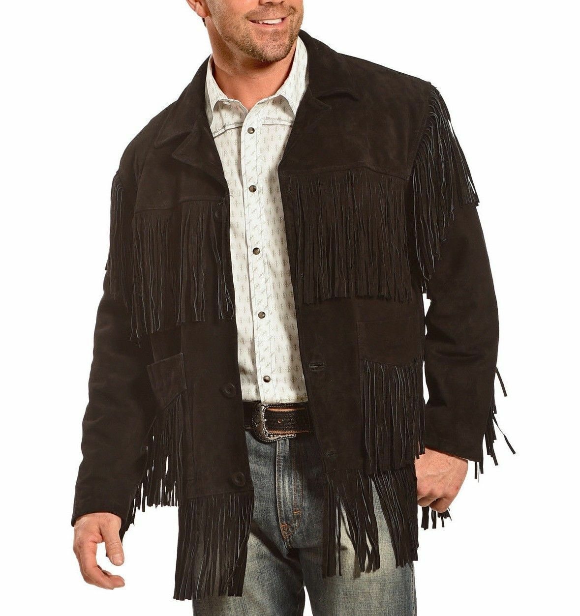 Men's Black Suede Leather Jacket Native American Fringe Style Western Wear Coat