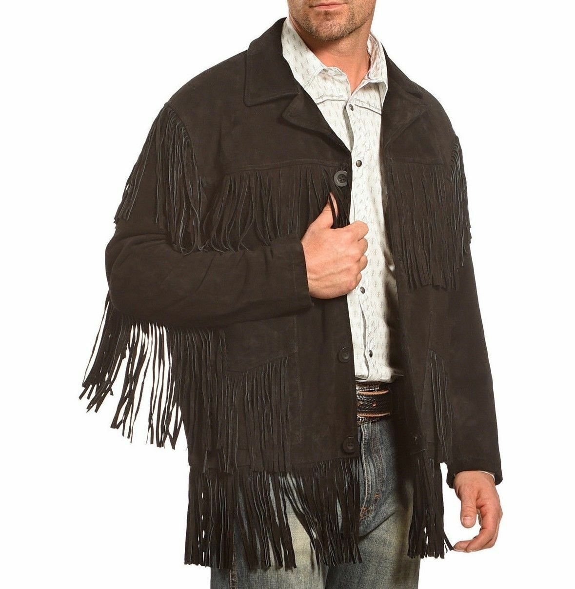 Men's Black Suede Leather Jacket Native American Fringe Style Western Wear Coat