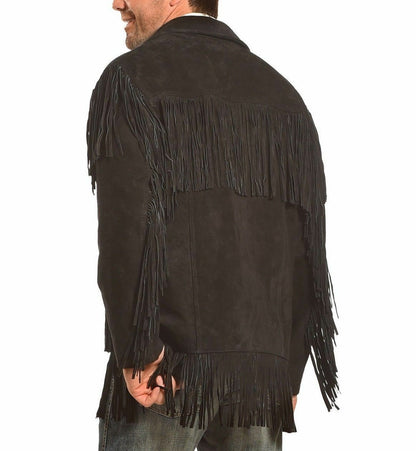 Men's Black Suede Leather Jacket Native American Fringe Style Western Wear Coat