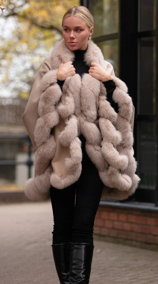 Cashmere & Fox Fur Spiral Cape - Beige