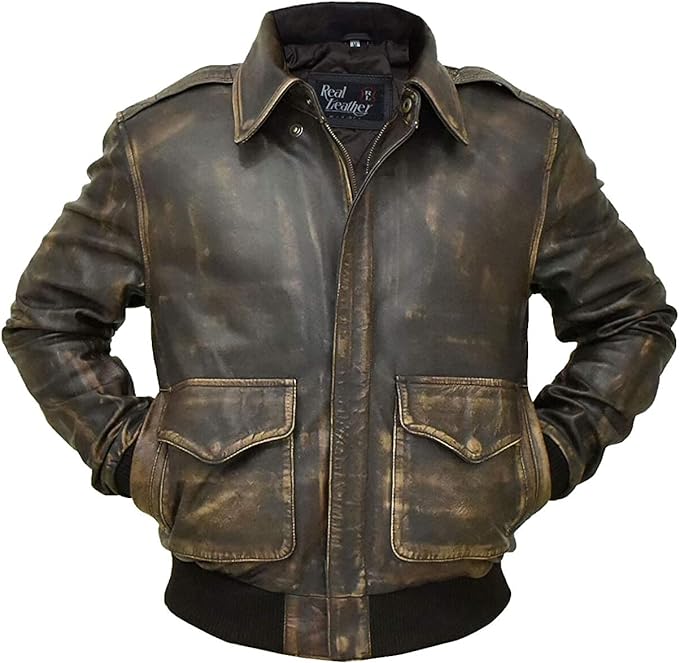 Men's New A-2 Flight Aviator Pilot Distress Brown Bomber Genuine Leather Jacket