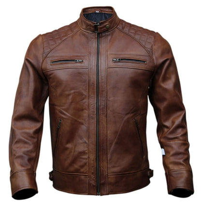 Men Cafe Racer Biker Brown Leather Jacket Sheepskin Motr Leather Jacket