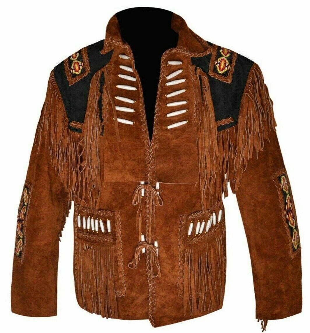 Men's Traditional Native Cowboy Western Suede Leather Jacket Fringe Bone & Beads