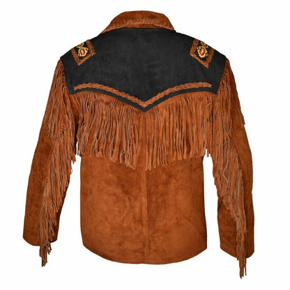 Men's Traditional Native Cowboy Western Suede Leather Jacket Fringe Bone & Beads