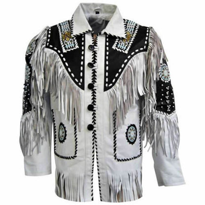 Men's Traditional Native American Western Cowboy Leather Jacket Fringe Beads White