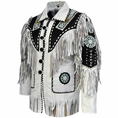 Men's Traditional Native American Western Cowboy Leather Jacket Fringe Beads White