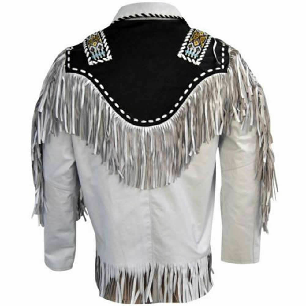 Men's Traditional Native American Western Cowboy Leather Jacket Fringe Beads White