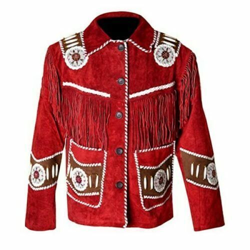 Men's Red Western Cowboy Beaded Style Suede Leather Jacket With Fringe