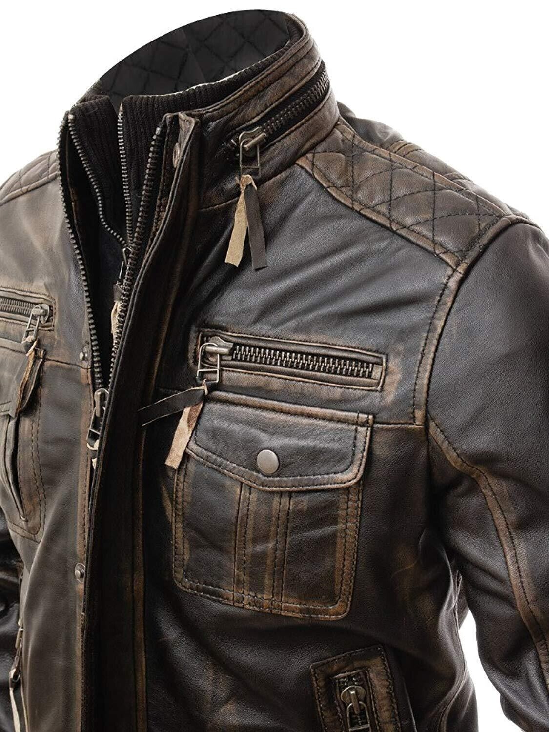 Men’s Motorcycle Biker Vintage Distressed Brown Cafe Racer Real Leather Jacket