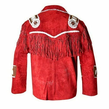 Men's Red Western Cowboy Beaded Style Suede Leather Jacket With Fringe