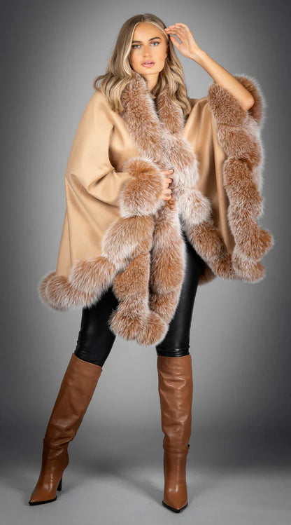 Limited Edition Cashmere & Fox Fur Spiral Cape - Camel