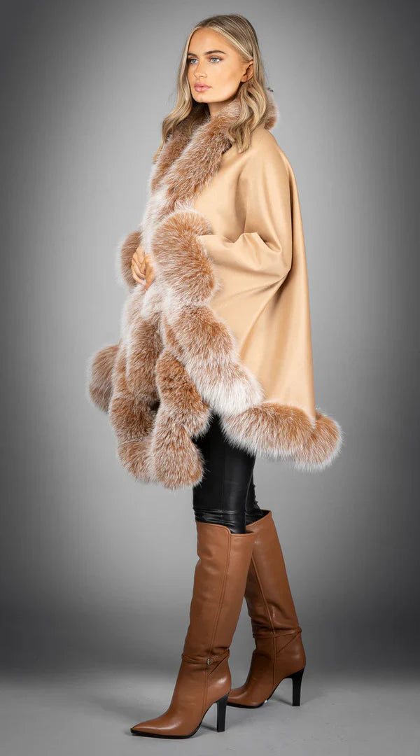 Limited Edition Cashmere & Fox Fur Spiral Cape - Camel