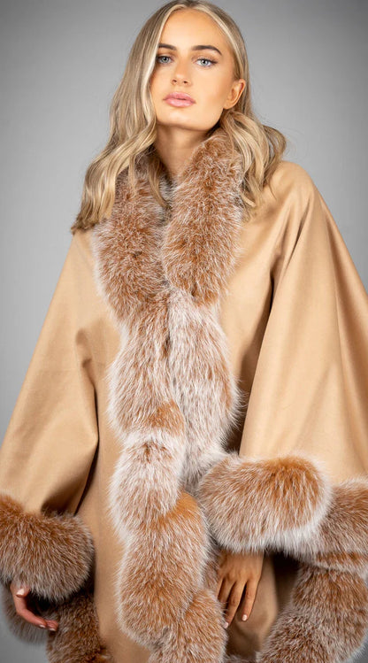 Limited Edition Cashmere & Fox Fur Spiral Cape - Camel