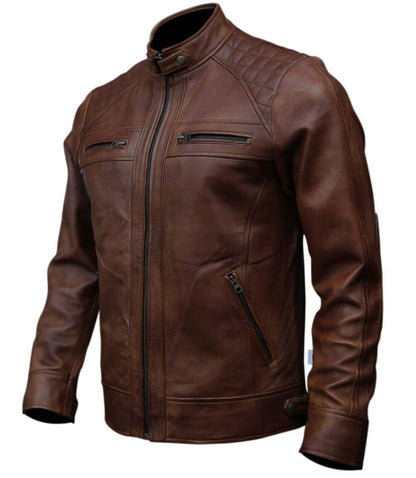 Men Cafe Racer Biker Brown Leather Jacket Sheepskin Motr Leather Jacket