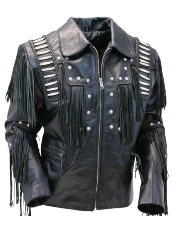 Traditional Men's Western Leather cowboy Jacket coat with fringe bones and beads