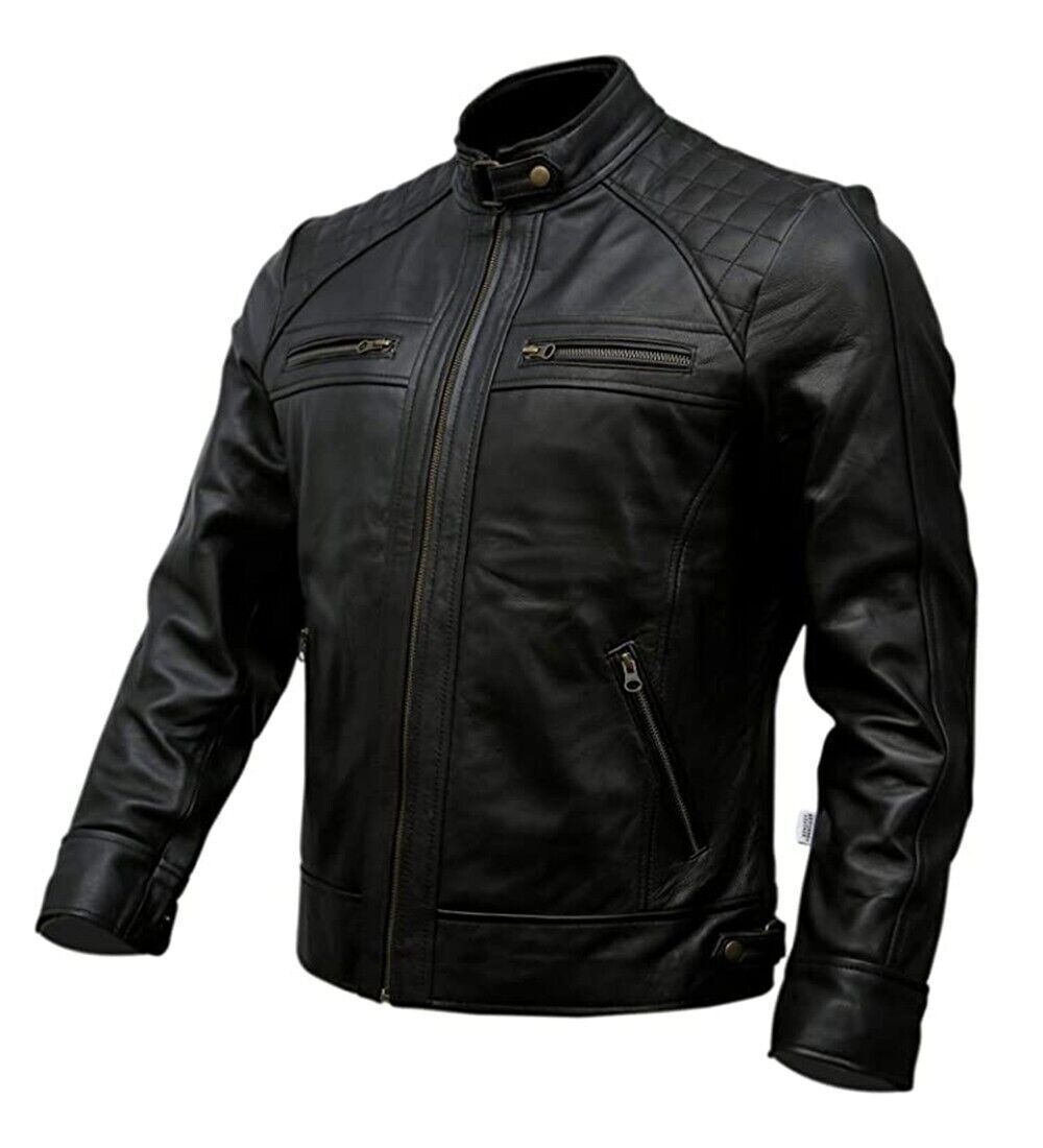 Men's Café Racer Biker Leather Jacket Black Motorcycle Genuine Leather