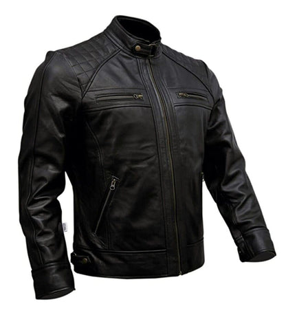 Men's Café Racer Biker Leather Jacket Black Motorcycle Genuine Leather