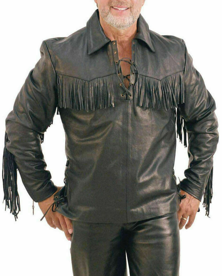 Men's Western Jacket Real Cow Leather Fringes Cowboy Native American Shirt