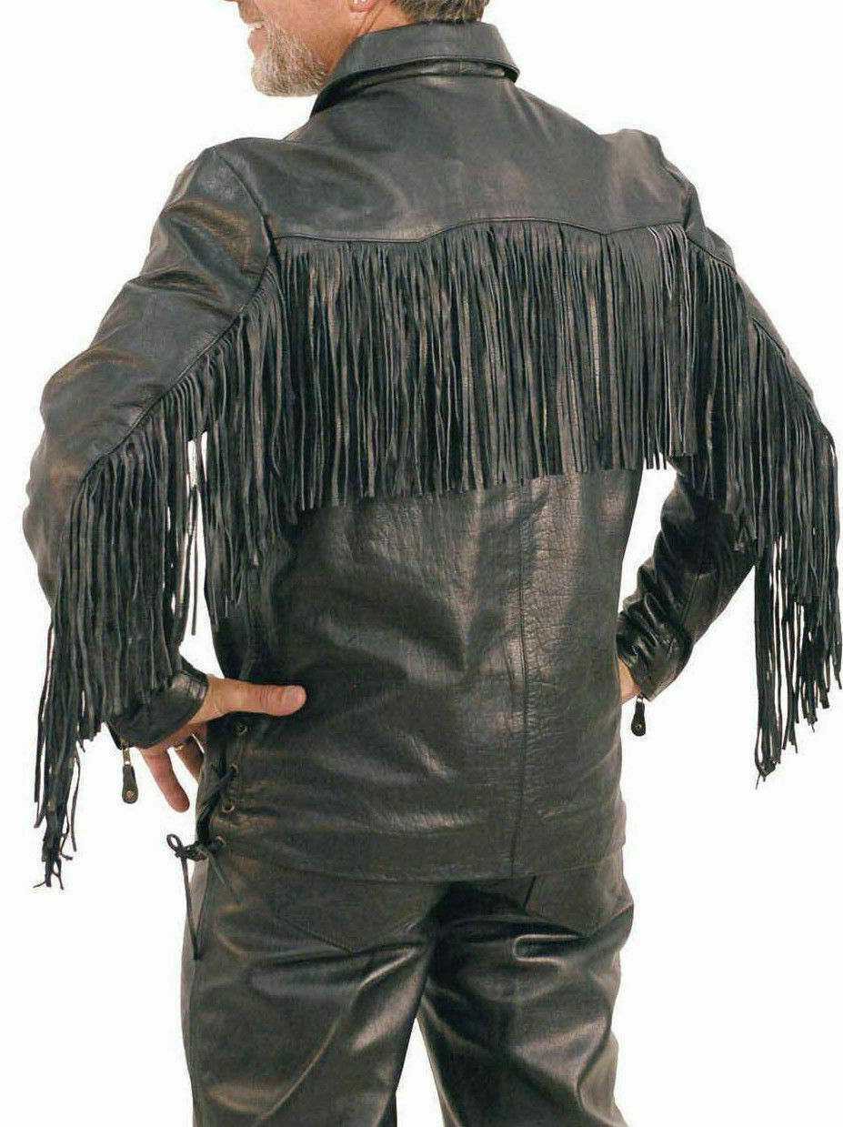 Men's Western Jacket Real Cow Leather Fringes Cowboy Native American Shirt