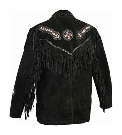 Men's Native American Cowboy Leather Jacket Western Suede Fringe & Beads Jacket