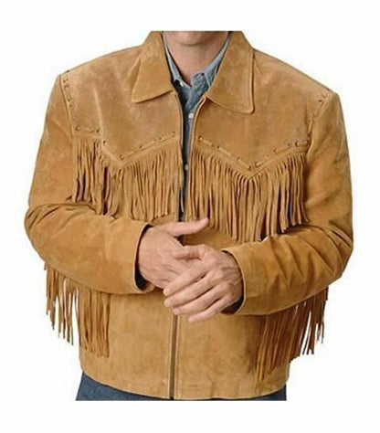 Western Cowboy Native American Suede Leather Jacket for Men with Fringed-Brown