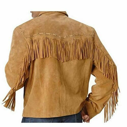 Western Cowboy Native American Suede Leather Jacket for Men with Fringed-Brown