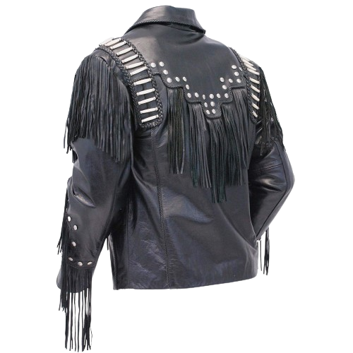 Traditional Men's Western Leather cowboy Jacket coat with fringe bones and beads