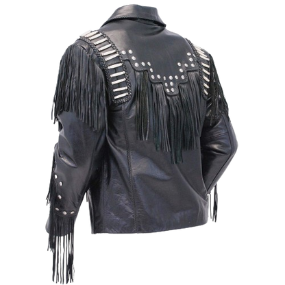 Traditional Men's Western Leather cowboy Jacket coat with fringe bones and beads