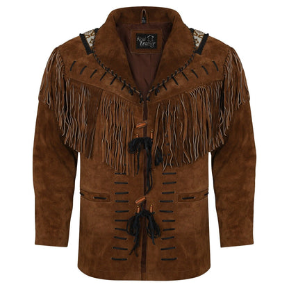 Men's Brown Suede Leather Western Wear Jacket Native American Fringes & Beads