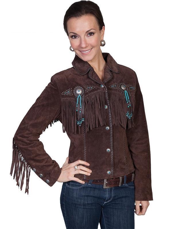 Women Native American Western Cowboy Leather Jacket Suede Fringe & Eye Beaded