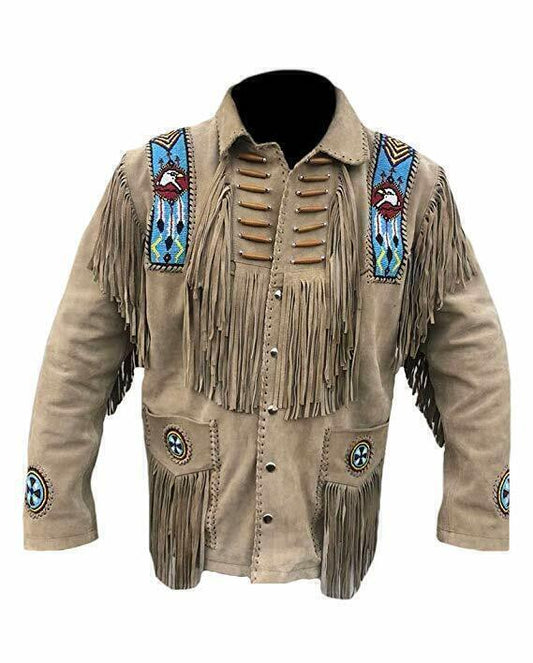 Men Native American Western Cowboy Leather Jacket Suede Fringe & Beaded - Beige