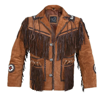 Men's Native American Cowboy Leather Jacket Fringe & Beaded Western Suede Jacket