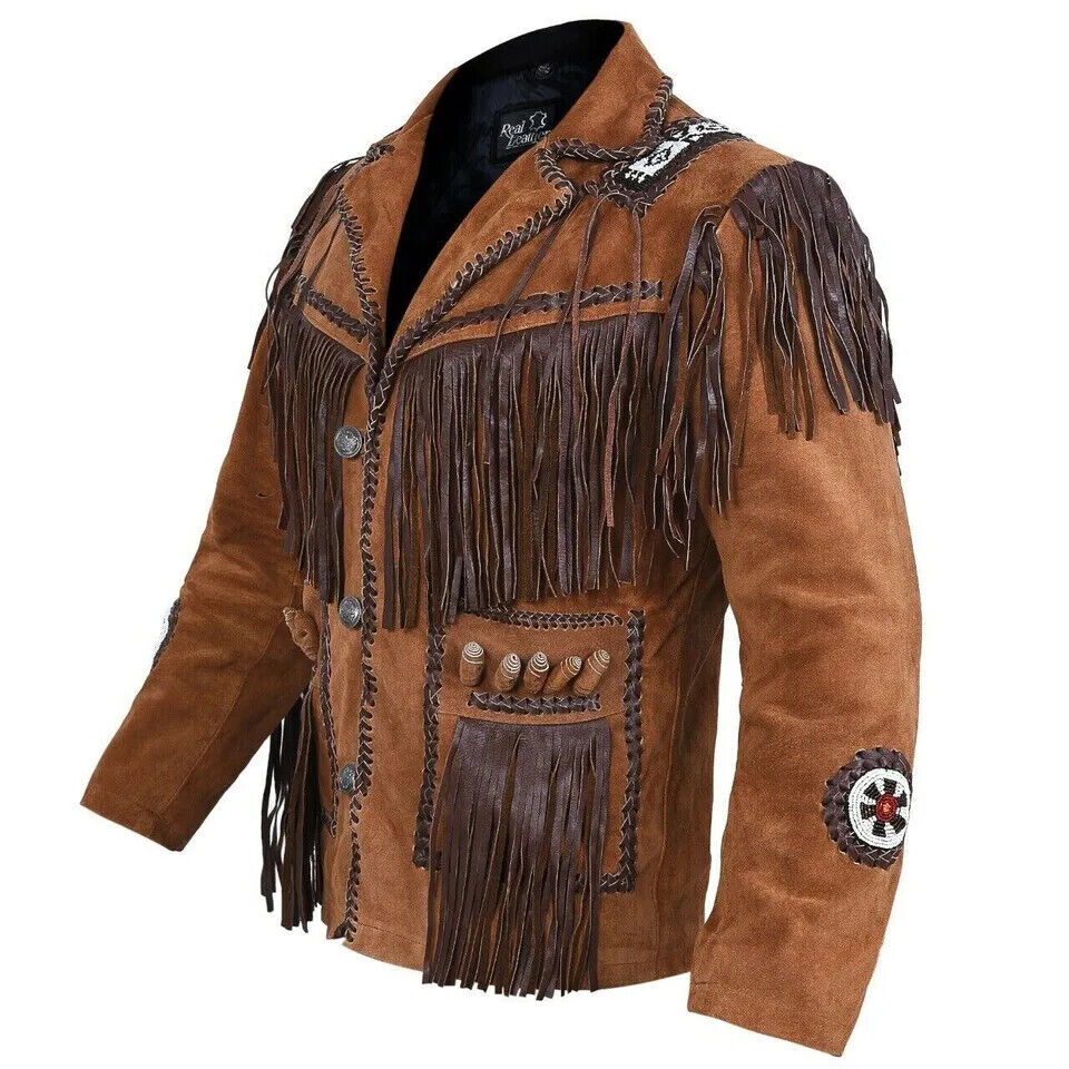 Men's Native American Cowboy Leather Jacket Fringe & Beaded Western Suede Jacket