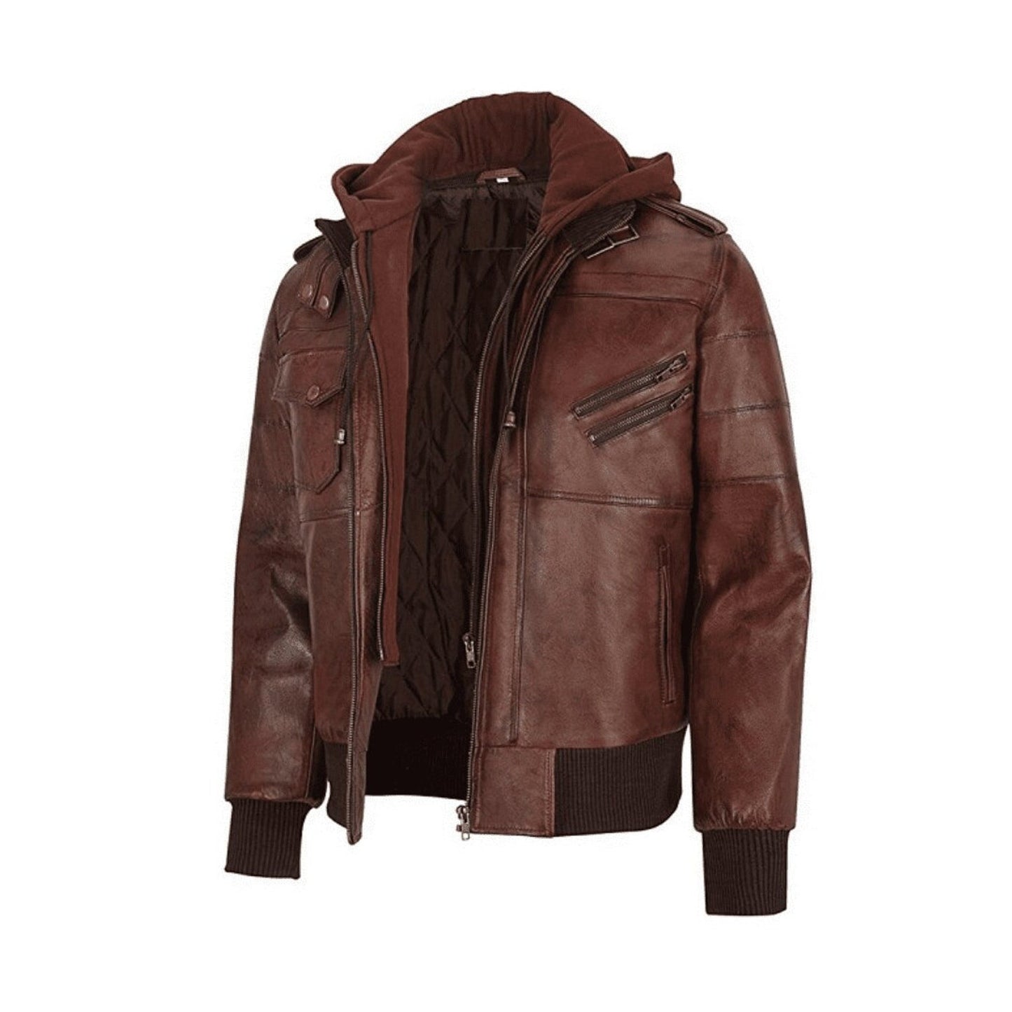 Men's Brown Hooded Bomber Jacket With Multiple Front Pockets Bomber Leather Jacket