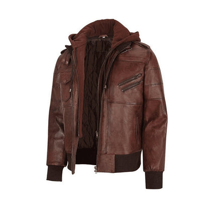 Men's Brown Hooded Bomber Jacket With Multiple Front Pockets Bomber Leather Jacket