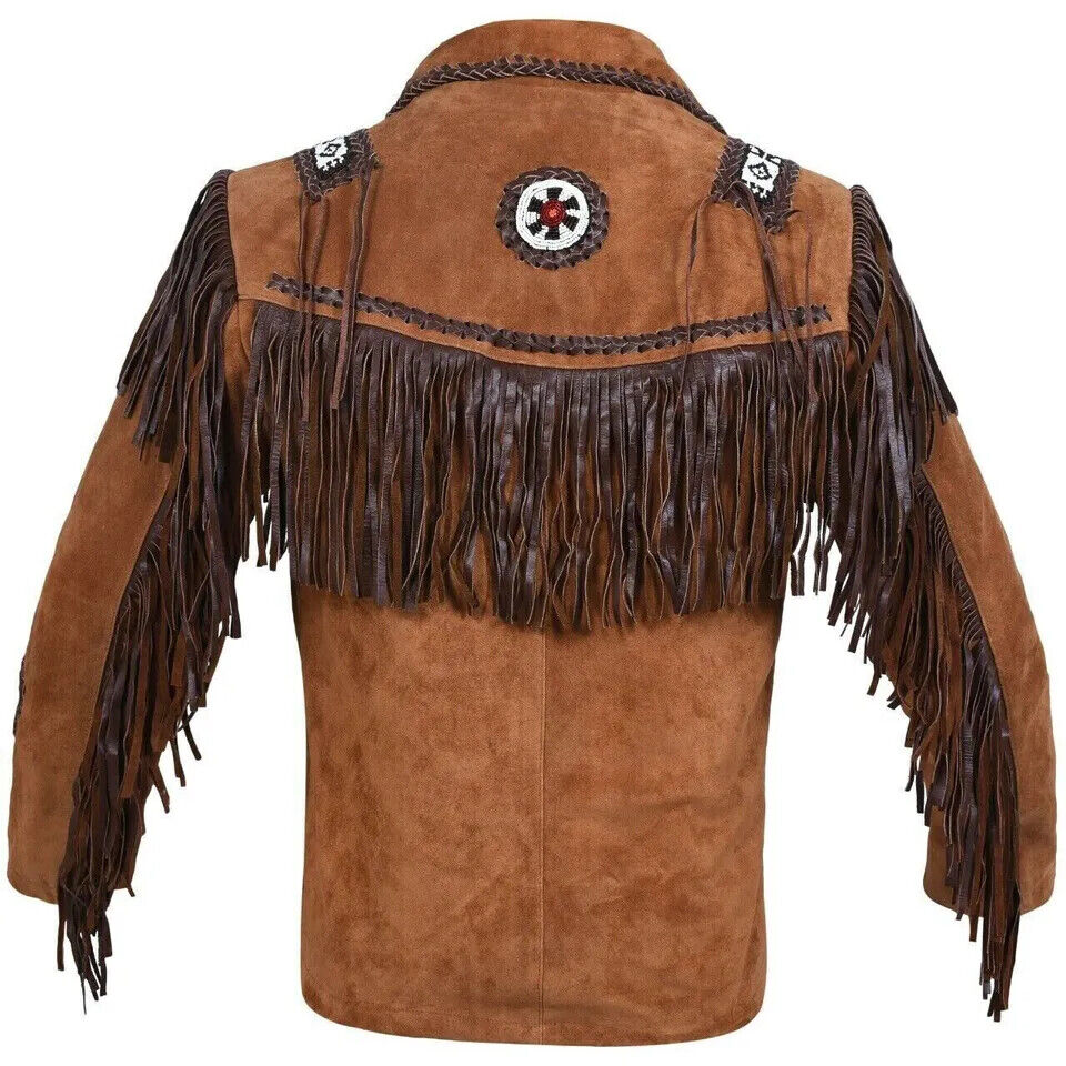 Men's Native American Cowboy Leather Jacket Fringe & Beaded Western Suede Jacket