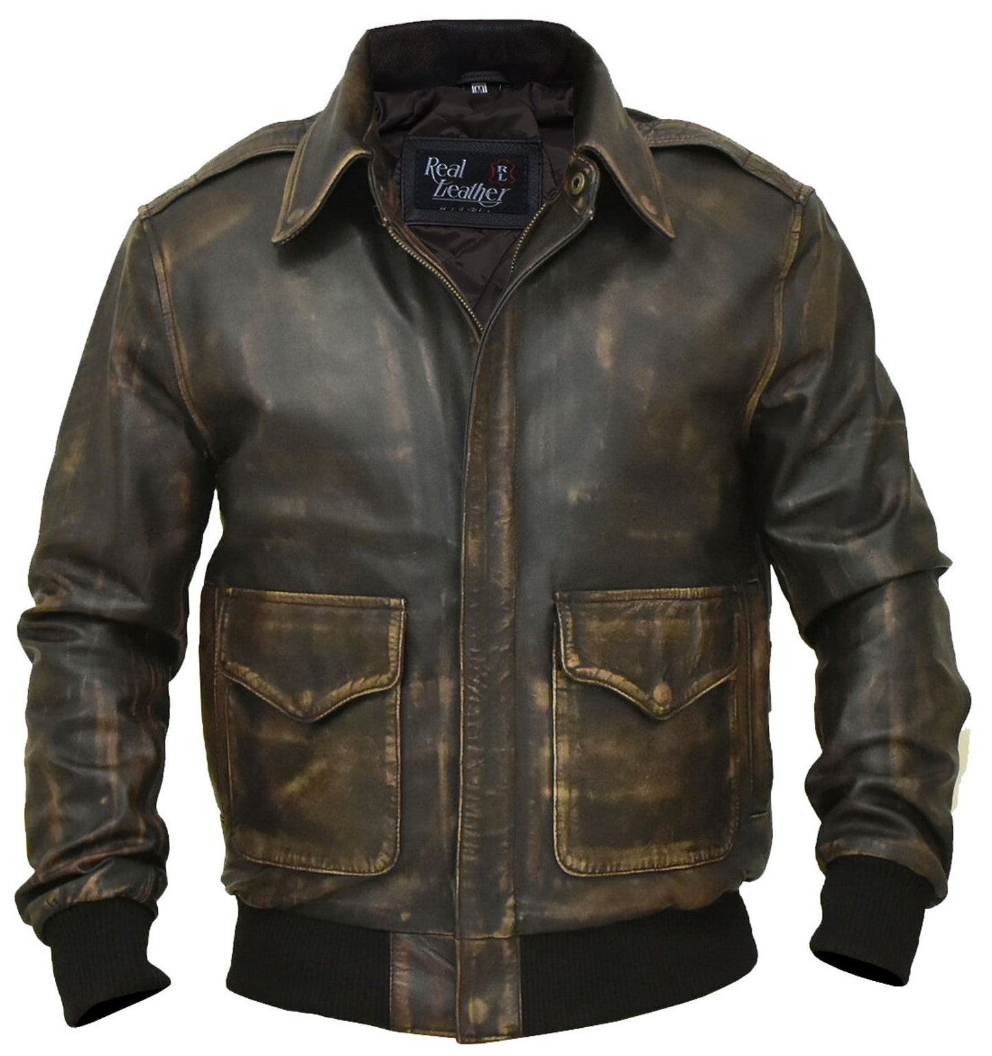 Men's New A-2 Flight Aviator Pilot Distress Brown Bomber Genuine Leather Jacket