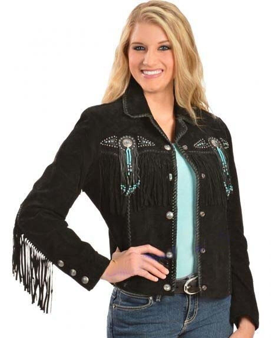 Women Native American Western Cowboy Leather Jacket Suede Fringe & Beaded Black