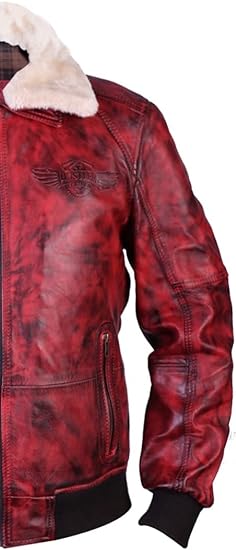 Leather Hustler Mens Real Leather Jacket-Red Pilot Style Bomber jacket