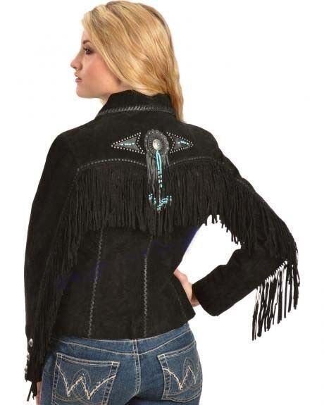 Women Native American Western Cowboy Leather Jacket Suede Fringe & Beaded Black